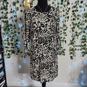 J. Crew Snow Leopard Print Crewneck 3/4 Sleeve Front Pocket Sheath Dress